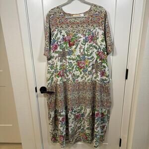 Womens La Cera 100% Cotton Floral Short Sleeve Lounge Dress Size XL Boho EUC